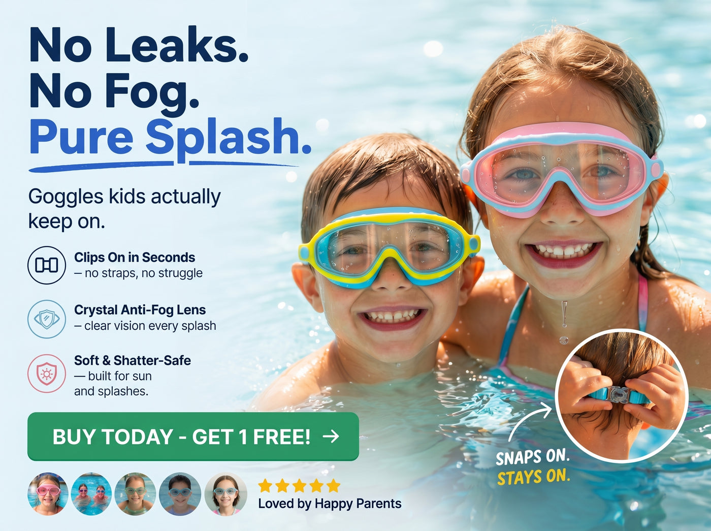 Kids wearing Peekabops swim goggles in a pool